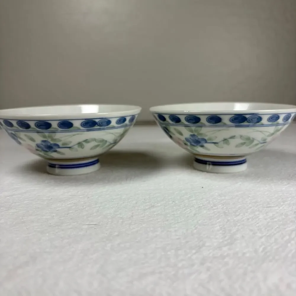 Vintage Asian Porcelain Rice Bowls Set of 2 Blue Bird Floral Footed Bowls